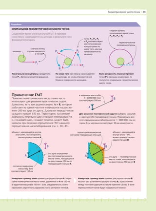 181716151413121110987654321 19 20
Применение ГМТ
Понятие геометрического места точек часто
используют для решения практических задач.
Допустим, есть две радиостанции, А и В, которые
работают на одной частоте и находятся на рассто-
янии 200 км друг от друга. Диапазон передатчиков
каждой станции 150 км. Территория, на которой
диапазоны передачи двух станций перекрываются
и, следовательно, создают помехи, может быть
найдена при помощи определения ГМТ каждого
передатчика и масштабирования (см. с. 30—31).
Начертите границу зоны приема для радиостанции А. Нари-
суйте геометрическое место точек, удаленных от А на 150 км.
В заданном масштабе 150 км = 3 см, следовательно, нужно
нарисовать окружность радиусом 3 см с центром в точке А.
Начертите границу зоны приема для радиостанции В.
На этот раз установите циркуль в точку В, а расстояние
между ножками циркуля оставьте прежним (3 см). В зоне
перекрытия сигналов будут создаваться помехи.
Для решения поставленной задачи выберем масштаб
и нарисуем обе передающие станции. Подходящим для
этого примера масштабом является 1 : 5000 000, при ко-
тором 1 см чертежа соответствует 50 км на местности.
Геометрическое место точек І 39
Подробнее
СПИРАЛЬНОЕ ГЕОМЕТРИЧЕСКОЕ МЕСТО ТОЧЕК
Существуют более сложные случаи ГМТ. В примере
ниже струна наматывается на цилиндр, в результате чего
формируется спираль.
цилиндр
P1
P1
P2P3
P4
сначала конец
струны находится
в точке Р1
точки Р1
, Р2
, Р3
и Р4
соответствуют
местоположению
конца струны по
мере того, как она
наматывается на
цилиндр
гладкая кривая,
проходящая через точки
Р1
, Р2
, Р3
и Р4
первоначальное
положение струны
Изначально конец струны находится в
точке Р1
. Затем начинается вращение.
По мере того как струна наматывается
на цилиндр, ее конец становится все
ближе к поверхности цилиндра.
Если соединить плавной кривой
точки Р с разными индексами, то
получится спиральное геометрическое
место точек.
A
B
в заданном масштабе
1 : 5 000 000 4 см
соответствуют 200 км
A
B
A
B
абонент, находящийся внутри
этого ГМТ, может принять
сигнал радиостанции А
согласно заданному
масштабу 3 см
соответствуют 150 км
эта дуга определяет
сектор геометрического
места точек, находящихся
на расстоянии 150 км от
передающей станции А
территория перекрытия
сигналов передающих станций
абонент, находящийся
внутри этого ГМТ,
может принять сигнал
радиостанции В
эта дуга — геометрическое
место точек, находящихся
на расстоянии 150 км от В
 