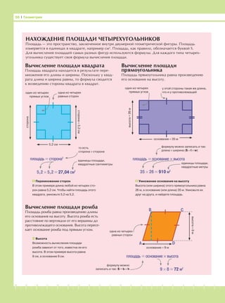-1-2-3-4-5-6-7-8-9-10-11-12-13-14-15-16-17-18-19-20
Вычисление площади квадрата
Площадь квадрата находится в результате пере-
множения его длины и ширины. Поскольку у квад-
рата длина и ширина равны, то формула сводится
к возведению стороны квадрата в квадрат.
Вычисление площади
прямоугольника
Площадь прямоугольника равна произведению
его основания на высоту.
56 І Геометрия
Высота
Возможность вычисления площади
ромба зависит от того, известна ли его
высота. В этом примере высота равна
8 см, а основание 9 см.
НАХОЖДЕНИЕ ПЛОЩАДИ ЧЕТЫРЕХУГОЛЬНИКОВ
Площадь — это пространство, заключенное внутри двумерной геометрической фигуры. Площадь
измеряется в единицах в квадрате, например см2
. Площадь, как правило, обозначается буквой S.
Для вычисления площадей самых разных фигур используются формулы. Для каждого типа четырех-
угольника существует своя формула вычисления площади.
Вычисление площади ромба
Площадь ромба равна произведению длины
его основания на высоту. Высота ромба есть
расстояние по вертикали от его вершины до
противолежащего основания. Высота пересе-
кает основание ромба под прямым углом.
основание = 35 м
5,2 см
сторона=5,2см
сторона
высота=26м
один из четырех
прямых углов
одна из четырех
равных сторон
один из четырех
прямых углов
у этой стороны такая же длина,
что и у противолежащей
площадь = сторона2
5,2 × 5,2 = 27,04 см2
то есть
сторона × сторона
единицы площади,
квадратные сантиметры
Перемножение сторон
В этом примере длина любой из четырех сто-
рон равна 5,2 см. Чтобы найти площадь этого
квадрата, умножьте 5,2 на 5,2.
площадь = основание × высота
35 × 26 = 910 м2
формулу можно записать и так:
длина × ширина (S = l × w)
единицы площади,
квадратные метры
Умножение основания на высоту
Высота (или ширина) этого прямоугольника равна
26 м, а основание (или длина) 35 м. Умножьте их
друг на друга, и найдете площадь.
DA
B C
одна из четырех
равных сторон
9 × 8 = 72 м2
формулу можно
записать и так: S = b × h
основание = 9 м
высота=8м
площадь = основание × высота
 