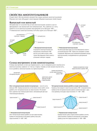 -1-2-3-4-5-6-7-8-9-10-11-12-13-14-15-16-17-18-19-20
60 І Геометрия
СВОЙСТВА МНОГОУГОЛЬНИКОВ
Существует бесчисленное множество самых разных многоугольников.
Однако все они обладают некоторыми общими важными свойствами.
Сумма внутренних углов многоугольника
Сумма внутренних углов как правильного, так и неправильного выпуклого
многоугольника зависит от числа сторон. Сумму углов можно вычислить,
если разбить многоугольник на треугольники.
все вершины
«смотрят» наружу острый угол
Выпуклый многоугольник
У выпуклого многоугольника нет
внутренних углов больше 180°:
все его углы либо острые, либо
тупые. Все вершины такого много-
угольника «смотрят» наружу.
острый
угол
Невыпуклый многоугольник
По меньшей мере один из углов невыпуклого много-
угольника больше 180°. Такие углы называют углами
отражения. Вершина угла отражения указывает внутрь
многоугольника, в направлении его центральной
области.
острый
угол
острый
угол
острый
угол
Этот четырехугольник является выпуклым — все его углы
меньше 180°. Сумму внутренних углов можно легко найти, если
разбить этот четырехугольник на треугольники. Это может
быть сделано при помощи диагонали, связывающей две про-
тиволежащие вершины.
Четырехугольник можно разбить на два треугольника.
Сумма углов каждого треугольника равна 180°, следовательно,
сумма углов четырехугольника равна сложенным друг с дру-
гом суммам углов двух треугольников: 2 × 180° = 360°.
выпуклый
четырехугольник
диагональ делит
фигуру на два
треугольника
сумма внутренних
углов треугольника 1
равна 180°
сумма внутренних углов
треугольника 2 равна 180°
Неправильный пятиугольник
Этот пятиугольник можно разбить на три треугольника.
Сумма его внутренних углов равна сумме углов трех
треугольников: 3 × 180° = 540°.
Правильный семиугольник
Семиугольник (семь сторон) можно разбить на пять
треугольников. Сумма его внутренних углов равна
сумме углов пяти треугольников: 5 × 180° = 900°.
треугольник 1 треугольник 2
треугольник 2
треугольник 3
треугольник 4
треугольник 5
треугольник 1
Выпуклый или вогнутый
Независимо от количества углов многоугольник можно класси-
фицировать как выпуклый или невыпуклый. Это зависит от того,
имеется ли в многоугольнике внутренний угол больше 180°.
У невыпуклого многоугольника хотя бы один угол больше 180°.
тупой угол
тупой
угол тупой
угол
угол
отражения
эта вершина
«смотрит» внутрь
треугольник 3
 