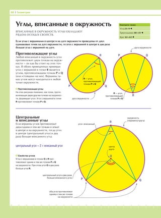 -1-2-3-4-5-6-7-8-9-10-11-12-13-14-15-16-17-18-19-20
Противолежащие углы
Любой вписанный в окружность угол
противолежит двум точкам на окруж-
ности — он как бы стоит на этих точ-
ках. В обоих приведенных примерах
угол с вершиной в точке R является
углом, противолежащим точкам P и Q
(или «стоящим» на них). Вершины та-
ких углов могут находиться в любой
точке окружности.
Центральные
и вписанные углы
Если вершины углов противолежат
двум одним и тем же точкам и лежат
в центре и на окружности, тогда угол
в центре (центральный угол) в два
раза больше вписанного угла.
68 І Геометрия
Смотрите также:
Углы 8—9
Треугольники 40—41
Круг 62—63
Углы, вписанные в окружность
ВПИСАННЫЕ В ОКРУЖНОСТЬ УГЛЫ ОБЛАДАЮТ
РЯДОМ ОСОБЫХ СВОЙСТВ.
Если углы с вершинами в центре и на дуге окружности проведены от двух
одинаковых точек на дуге окружности, то угол с вершиной в центре в два раза
больше угла с вершиной на дуге.
Противолежащие углы
На этих рисунках показано, как точка, проти-
волежащая двум другим точкам на окружнос-
ти, формирует угол. Угол с вершиной в точке
R противолежит точкам P и Q.
R
QP
P Q
R
дуга окружности
дуга окружности
R — угол,
противолежащий
точкам P и Q
R — угол,
противолежащий
точкам P и Q
Свойства углов
Углы с вершинами в точках О и R про-
тиволежат одним и тем же точкам P и Q
на окружности. При этом угол О в два раза
больше угла R.
центральный угол = 2 × вписанный угол
угол вписанный
окружность
(периметр круга)
O
R
P Q
центр
круга
оба угла противолежат
одним и тем же точкам
на окружности
центральный угол в два раза
больше вписанного угла
 