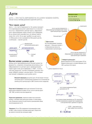 -1-2-3-4-5-6-7-8-9-10-11-12-13-14-15-16-17-18-19-20
Что такое дуга?
Дуга — это часть окружности. Ее длина находит-
ся в пропорциональной зависимости от величи-
ны угла с вершиной в центре круга, образован-
ного проходящими через концы дуги прямыми.
Если длина дуги неизвестна, ее можно найти,
зная этот угол. Если круг разбит на две дуги,
то бо′льшая из них называется большой дугой,
а меньшая — малой дугой.
Вычисление длины дуги
Длина дуги пропорциональна полной длине ок-
ружности, а именно отношению величины угла,
образованного в центре круга проведенными
через края этой дуги прямыми, и 360°, то есть
числом градусов, соответствующим одному пол-
ному обороту вокруг центра круга. Это отноше-
ние входит в формулу для длины дуги.
74 І Геометрия
Дуги
ДУГА — ЭТО ЧАСТЬ ОКРУЖНОСТИ. ЕЕ ДЛИНУ МОЖНО НАЙТИ,
ЗНАЯ УГОЛ ПРИВЕДЕНИЯ В ЦЕНТРЕ КРУГА.
Дуги и углы
На этой диаграмме показаны
две дуги — большая и малая —
и образованные ими углы
с вершинами в центре круга.
угол в центре окружности,
образованный проведенными через
края большой дуги прямыми
большая дуга
малая дуга
угол в центре окружности,
образованный проведенными через
края малой дуги прямыми
120°
Найдите длину дуги
Длина окружности этого круга равна 10 см.
Найдите длину дуги, которая образует угол
120° в центре этого круга.
Смотрите также:
Круг 62—63
Длина окружности
и диаметр 64—65
длина дуги
окружность
=
центральный угол
360°
формула для
вычисления длины дуги
полная длина
окружности
полный
круг
длина окружности 10 см
длина дуги
окружность
=
центральный угол
360°
длина дуги
10
=
120
360°
длина дуги =
10 × 120
360°
C = 3,33 см
Возьмите формулу для длины дуги. В нее входит отноше-
ние длины дуги к полной длине окружности и отношение ве-
личины угла в центре круга к 360° (полное число градусов).
Подставьте в формулу известные значения. В этом при-
мере длина окружности равна 10 см, а угол в центре круга
120°. 360° останется во всех вариантах.
Упростите уравнение, перенося известные значения
вправо, а неизвестную длину дуги влево от знака равен-
ства. В данном случае это достигается умножением обеих
частей уравнения на 10.
Умножьте 10 на 120 и разделите получившийся ответ
на 360, чтобы получить искомую длину дуги. Округлите
до нужного количества значащих цифр.
эта сторона уравнения была
умножена на 10
эту сторону также умножили на 10, поскольку,
что бы ни делалось в одной части уравнения,
то же должно быть сделано и в другой
3,333… округляется до
двух цифр после запятой
 