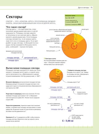 181716151413121110987654321 19 20
Что такое сектор?
Сектор круга — это пространство, огра-
ниченное двумя радиусами круга и дугой
окружности. Площадь сектора зависит
от величины угла в центре круга, образо-
ванного двумя радиусами. Если площадь
сектора неизвестна, то ее можно найти,
зная этот угол и площадь круга. Если круг
разбит на два сектора, то больший по пло-
щади сектор называется большим секто-
ром, а меньший — малым сектором.
Вычисление площади сектора
Площадь сектора находится в таком же отно-
шении к площади всего круга, в какой нахо-
дится величина угла, образованного двумя
ограничивающими сектор радиусами, к 360°.
большой сектор
угол в центре,
образованный двумя
радиусами большого
сектора
полное число
градусов в круге
эту часть также
умножили на 7
эту часть уравнения
умножили на 7
Секторы и углы
На этой диаграмме показаны два сек-
тора — большой и малый и образо-
ванные ими углы в центре круга.
Дуги и секторы І 75
Секторы
СЕКТОР — ЭТО «ЛОМТИК» КРУГА. ЕГО ПЛОЩАДЬ МОЖНО
НАЙТИ, ЗНАЯ ОБРАЗОВАННЫЙ ИМ УГОЛ В ЦЕНТРЕ КРУГА.
Смотрите также:
Круг 62—63
Длина окружности
и диаметр 64—65
Единицы измерения 90
площадь сектора
площадь круга
=
центральный угол
360°
формула для вычисления
площади сектора
Возьмите формулу для вычисления площади сектора.
В формулу входит отношение площади сектора к пло-
щади всего круга и отношение величины образованного
сектором угла к 360°.
Подставьте в формулу известные значения. В этом
примере площадь круга равна 7 см2
, а образован-
ный сектором угол равен 45°. Полное число градусов
в круге 360°.
Упростите уравнение, перенося известные значения
вправо, а неизвестную площадь сектора влево от знака
равенства. В данном случае это достигается умножени-
ем обеих частей уравнения на 7.
Умножьте 45 на 7 и разделите на 360, чтобы получить
площадь сектора. Округлите ответ до нужного числа
знаков после запятой.
малый сектор
угол в центре, образованный двумя
радиусами малого сектора
малая дуга
большая дуга
120°
Найдите площадь сектора
Площадь этого круга 7 см2
. Найди-
те площадь сектора, образующего
в центре круга угол 45°.
площадь сектора
площадь круга
=
центральный угол
360°
площадь сектора
7
=
45
360°
площадь сектора =
45 × 7
360°
C = 0,88 см
угол,
образованный
сектором
площадь круга 7 см2
0,875 округляется
до двух цифр
после запятой
 