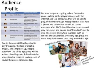 Audience
Profile
Because my game is going to be a free online
game, as long as the player has access to the
internet and to a computer, they will be able to
play. In the modern age, most people at least have
a phone and connection to wifi, so I think
everyone after ABC2 should be able to access and
play the game, and people in ABD and ABE may be
able to access it else where in places such as
schools and universities, which my age group will
most likely have access to as they are off that age.
Due to the easy skill level needed to
play this game, the lack of graphic
images, and simple set up, people
outside of the 16-21 age group will be
able to play this game, if they have the
understanding required to do so, and of
course the access to be able too.
 