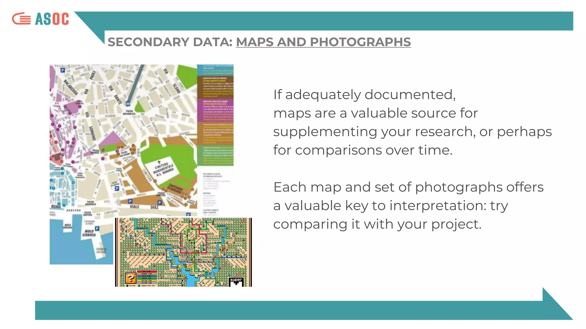 SECONDARY DATA: MAPS AND PHOTOGRAPHS
If adequately documented,
maps are a valuable source for
supplementing your research, or perhaps
for comparisons over time.
Each map and set of photographs offers
a valuable key to interpretation: try
comparing it with your project.
 