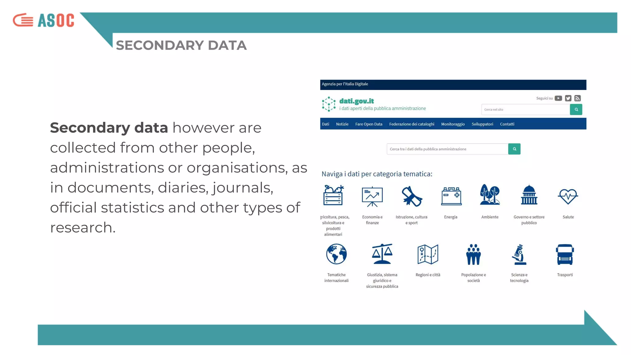 SECONDARY DATA
Secondary data however are
collected from other people,
administrations or organisations, as
in documents, diaries, journals,
official statistics and other types of
research.
 