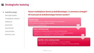 Strategische toetsing
bedrijfsstrategie
kansrijke landen
marktplaats selectie
fulfilment
processen
assortiment
concurrentie
business case
Passen marketplaces binnen je bedrijfsstrategie / e-commerce strategie?
Of moet juist de bedrijfsstrategie hierzien worden?
⯈
 