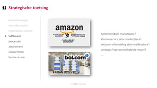 Strategische toetsing
bedrijfsstrategie
kansrijke landen
marktplaats selectie
fulfilment
processen
assortiment
concurrentie
business case
fulfilment door marketplace?
klantenservice door marketplace?
retouren afhandeling door marketplace?
verkoper/leverancier/hybride model?
...
⯈
 