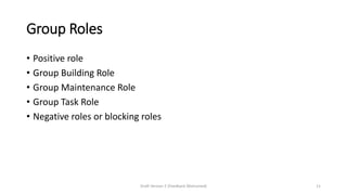 Group Roles
• Positive role
• Group Building Role
• Group Maintenance Role
• Group Task Role
• Negative roles or blocking roles
Draft Version 2 (Feedback Welcomed) 11
 