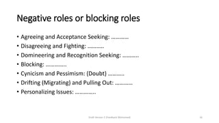 Negative roles or blocking roles
• Agreeing and Acceptance Seeking: …………
• Disagreeing and Fighting: ………..
• Domineering and Recognition Seeking: ………..
• Blocking: …………..
• Cynicism and Pessimism: (Doubt) ………..
• Drifting (Migrating) and Pulling Out: …………
• Personalizing Issues: …………..
Draft Version 2 (Feedback Welcomed) 16
 