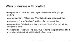 Ways of dealing with conflict
• Competition – “I win. You lose.” I get all my needs met; you get
nothing
• Accommodation – “I lose. You Win.” I give in; you get everything.
• Avoidance – “I lose. You lose.” Neither of us gets anything.
• Compromise – “We both win. We both lose.” Each of us gets a little
and gives a little.
• Collaboration – “No win – no lose.” We redefine the problem and find
a creative solution that satisfies both of our needs.
Draft Version 2 (Feedback Welcomed) 27
 