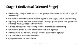 Stage 1 (Individual Oriented Stage)
• Individually, people seek or call for group formation in initial stage of
uncertainty.
• Participants become curious for the agendas and objectives of the meeting.
• Inquiring nature creates curiousness, though participants are generally
informed with agendas and objectives.
• Further, participants like sharing further information in meeting.
• Participants try to establish their own status in a group.
• Individual are assembled, though are not bounded in a group.
• It is somewhat loose and nebulous.
• Every members are not settled.
Draft Version 2 (Feedback Welcomed) 7
 