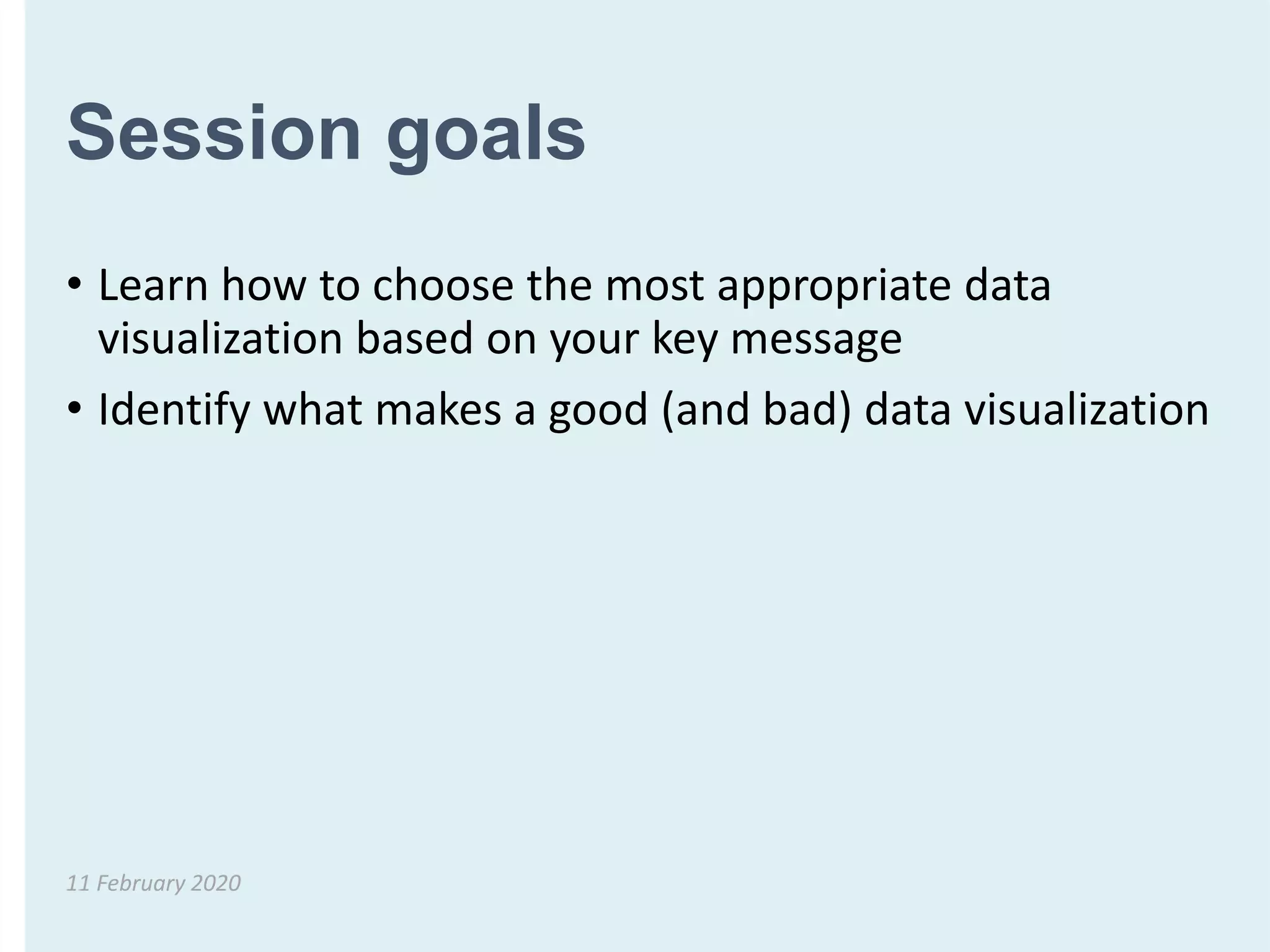 Session goals
• Learn how to choose the most appropriate data
visualization based on your key message
• Identify what makes a good (and bad) data visualization
11 February 2020
 