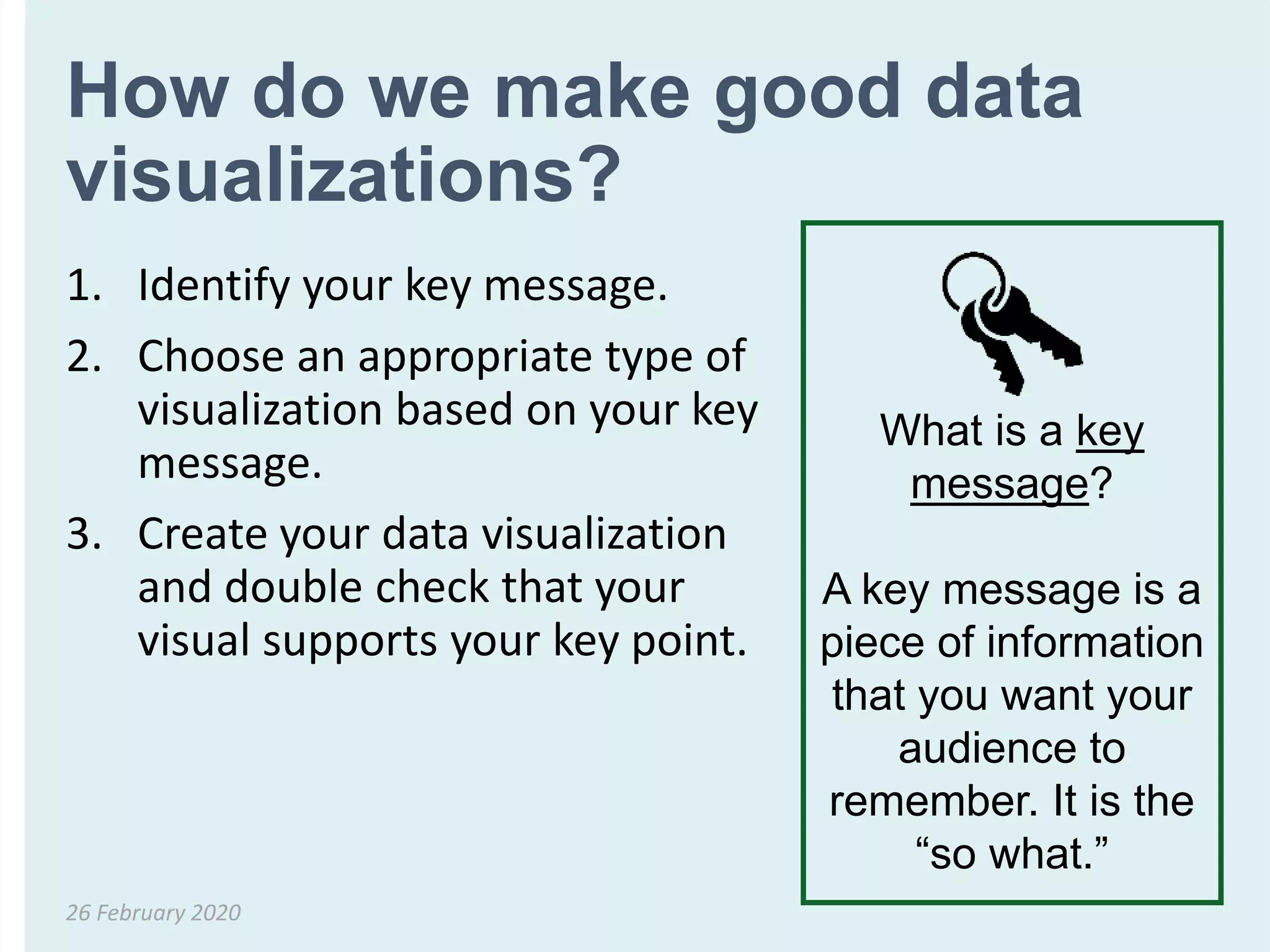 How do we make good data
visualizations?
1. Identify your key message.
2. Choose an appropriate type of
visualization based on your key
message.
3. Create your data visualization
and double check that your
visual supports your key point.
26 February 2020
What is a key
message?
A key message is a
piece of information
that you want your
audience to
remember. It is the
“so what.”
 
