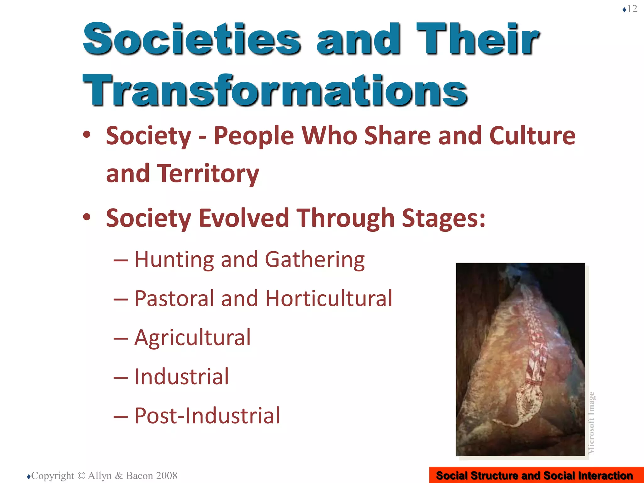Social Structure and Social Interaction
• Society - People Who Share and Culture
and Territory
• Society Evolved Through Stages:
– Hunting and Gathering
– Pastoral and Horticultural
– Agricultural
– Industrial
– Post-Industrial
Copyright © Allyn & Bacon 2008
12
Societies and Their
Transformations
MicrosoftImage
 