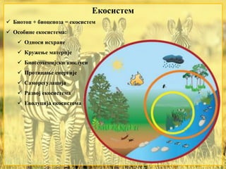 Екосистем
 Биотоп + биоценоза = екосистем
 Особине екосистема:
 Односи исхране
 Кружење материје
 Биогеохемијски циклуси
 Протицање енергије
 Саморегулација
 Развој екосистема
 Еволуција екосистема
 
