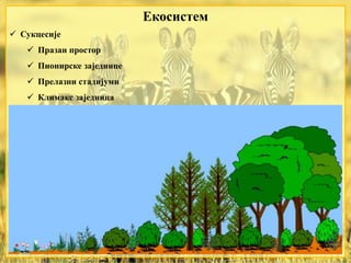 Екосистем
 Сукцесије
 Празан простор
 Пионирске заједнице
 Прелазни стадијуми
 Климакс заједница
 