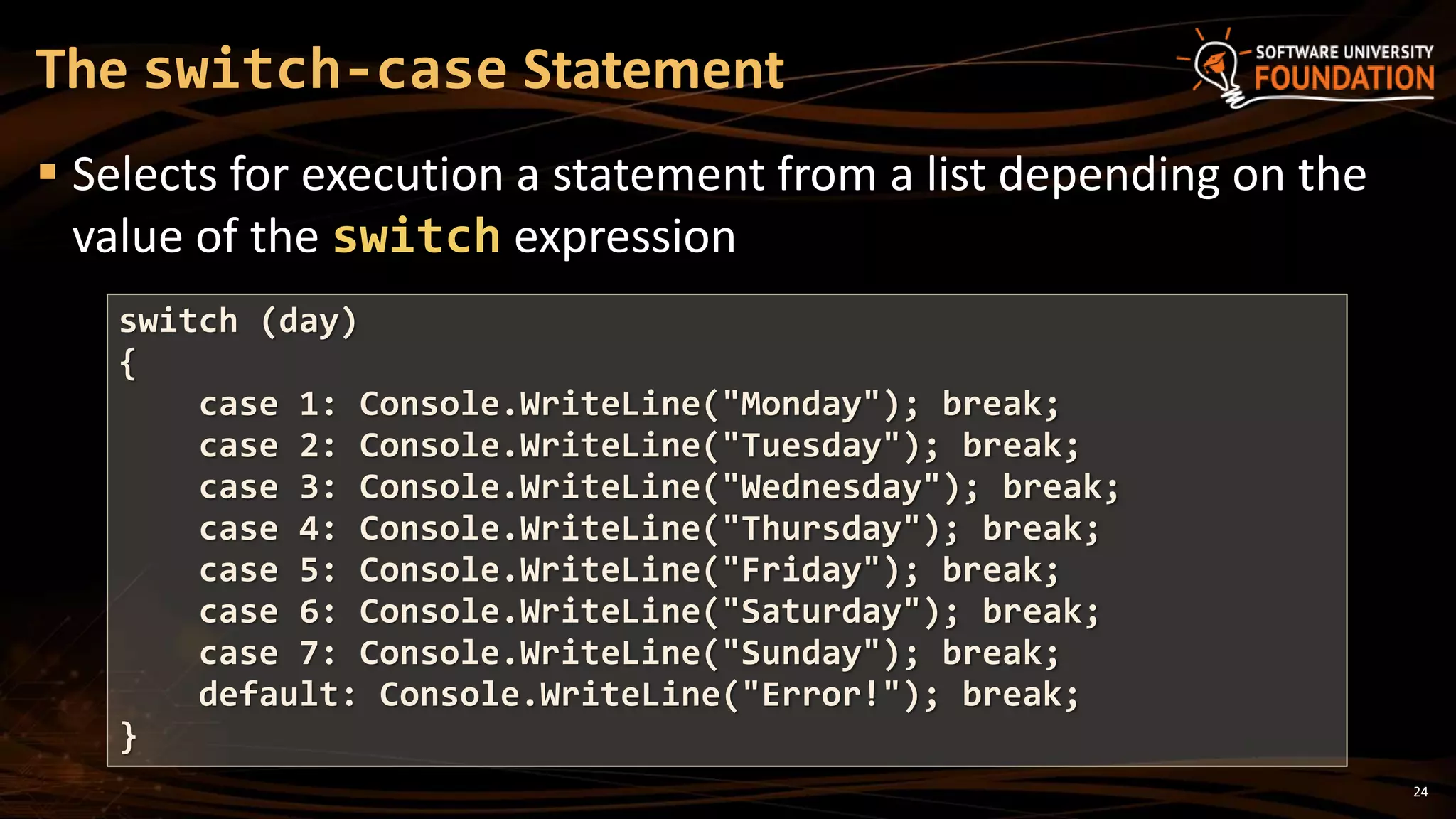 24
 Selects for execution a statement from a list depending on the
value of the switch expression
The switch-case Statement
switch (day)
{
case 1: Console.WriteLine("Monday"); break;
case 2: Console.WriteLine("Tuesday"); break;
case 3: Console.WriteLine("Wednesday"); break;
case 4: Console.WriteLine("Thursday"); break;
case 5: Console.WriteLine("Friday"); break;
case 6: Console.WriteLine("Saturday"); break;
case 7: Console.WriteLine("Sunday"); break;
default: Console.WriteLine("Error!"); break;
}
 