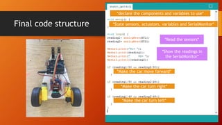 Final code structure
*declare the components and variables to use*
*State sensors, actuators, variables and SerialMonitor*
*Read the sensors*
*Show the readings in
the SerialMonitor*
*Make the car move forward*
*Make the car turn right*
*Make the car turn left*
 