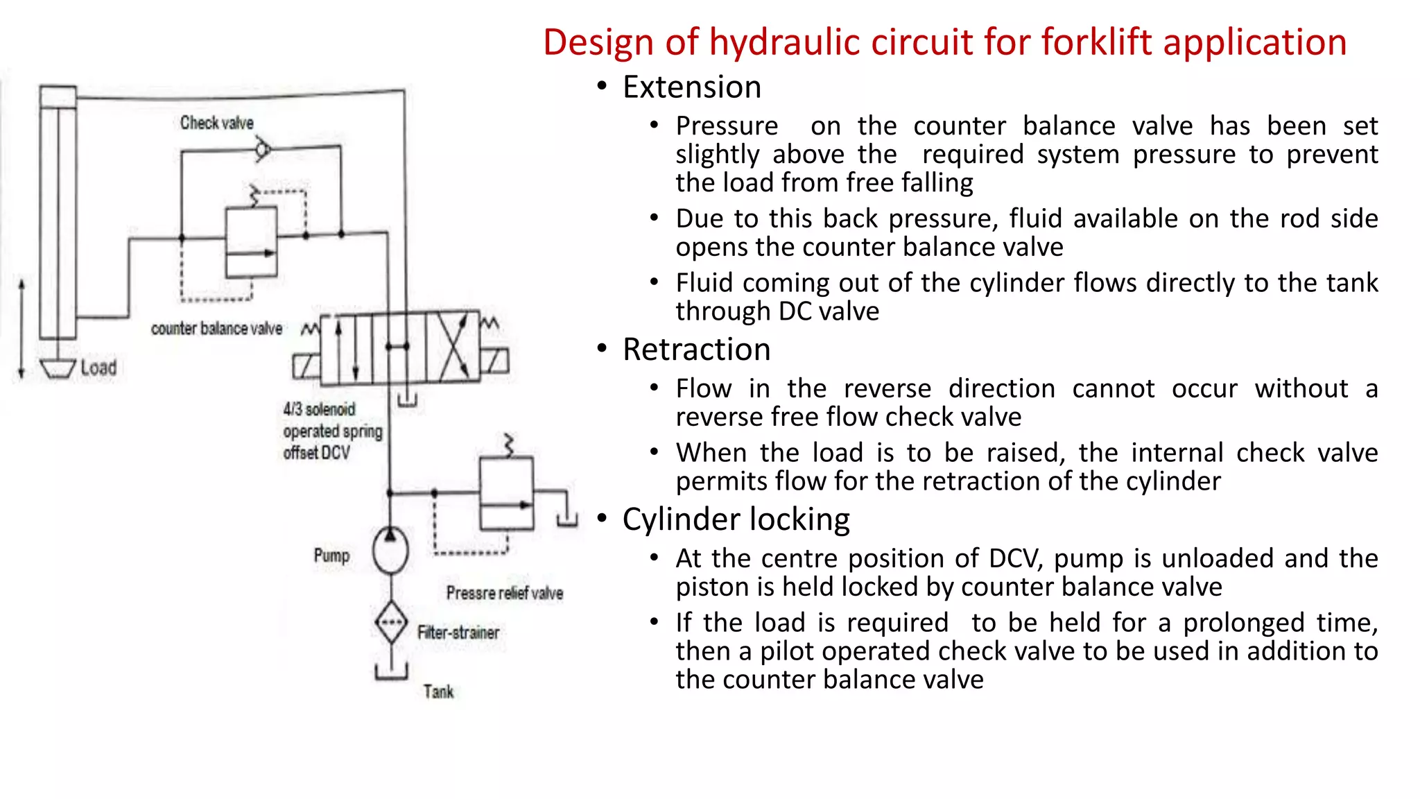 Design of hydraulic circuit for forklift application
• Extension
• Pressure on the counter balance valve has been set
slightly above the required system pressure to prevent
the load from free falling
• Due to this back pressure, fluid available on the rod side
opens the counter balance valve
• Fluid coming out of the cylinder flows directly to the tank
through DC valve
• Retraction
• Flow in the reverse direction cannot occur without a
reverse free flow check valve
• When the load is to be raised, the internal check valve
permits flow for the retraction of the cylinder
• Cylinder locking
• At the centre position of DCV, pump is unloaded and the
piston is held locked by counter balance valve
• If the load is required to be held for a prolonged time,
then a pilot operated check valve to be used in addition to
the counter balance valve
 