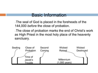 Basic Information
Sealing Close of
Probation
Time of
Jacob’s
Trouble
Millennium
(1,000 years)
Wicked
Raised
Wicked
Destroyed
Second
Coming
The seal of God is placed in the foreheads of the
144,000 before the close of probation.
The close of probation marks the end of Christ’s work
as High Priest in the most holy place of the heavenly
sanctuary.
 