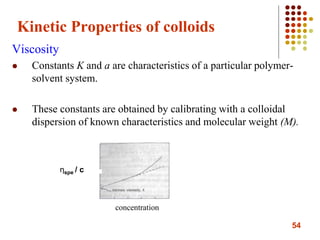 54
Kinetic Properties of colloids
Viscosity
 Constants K and a are characteristics of a particular polymer-
solvent system.
 These constants are obtained by calibrating with a colloidal
dispersion of known characteristics and molecular weight (M).
ηspe / c
concentration
 