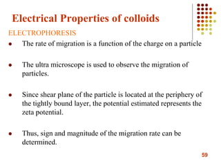 59
Electrical Properties of colloids
ELECTROPHORESIS
 The rate of migration is a function of the charge on a particle
 The ultra microscope is used to observe the migration of
particles.
 Since shear plane of the particle is located at the periphery of
the tightly bound layer, the potential estimated represents the
zeta potential.
 Thus, sign and magnitude of the migration rate can be
determined.
 
