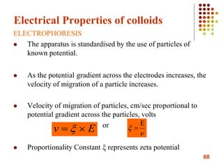 60
Electrical Properties of colloids
ELECTROPHORESIS
 The apparatus is standardised by the use of particles of
known potential.
 As the potential gradient across the electrodes increases, the
velocity of migration of a particle increases.
 Velocity of migration of particles, cm/sec proportional to
potential gradient across the particles, volts
or
 Proportionality Constant ξ represents zeta potential
Ev   



 