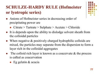 77
SCHULZE-HARDY RULE (Hofmeister
or lyotropic series)
 Anions of Hofmeister series in decreasing order of
precipitating power are
 Citrate > Tartrate > Sulphate > Acetate > Chloride
 It is depends upon the ability to dislodge solvent sheath from
the colloidal particles
 When negative & positively charged hydrophilic colloids are
mixed, the particles may separate from the dispersion to form a
layer rich in the colloidal aggregates
 The colloid rich layer is known as a coacervate & the process
is called as coacervation
 Eg gelatin & acacia
 
