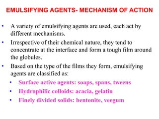 EMULSIFYING AGENTS- MECHANISM OF ACTION
• A variety of emulsifying agents are used, each act by
different mechanisms.
• Irrespective of their chemical nature, they tend to
concentrate at the interface and form a tough film around
the globules.
• Based on the type of the films they form, emulsifying
agents are classified as:
• Surface active agents: soaps, spans, tweens
• Hydrophilic colloids: acacia, gelatin
• Finely divided solids: bentonite, veegum
 
