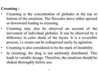 Creaming :
• Creaming is the concentration of globules at the top or
bottom of the emulsion. The floccules move either upward
or downward leading to creaming.
• Creaming may also be observed on account of the
movement of individual globules. It can be observed by a
difference in color shade of the layers. It is a reversible
process, i.e cream can be redispersed easily by agitation.
• Creaming is also considered to be the mark of instability.
• In creaming, the drug is not uniformly distributed. This
leads to variable dosage. Therefore, the emulsion should be
shaken thoroughly before use.
29
 