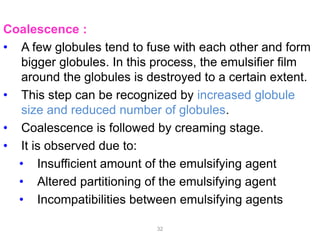 Coalescence :
• A few globules tend to fuse with each other and form
bigger globules. In this process, the emulsifier film
around the globules is destroyed to a certain extent.
• This step can be recognized by increased globule
size and reduced number of globules.
• Coalescence is followed by creaming stage.
• It is observed due to:
• Insufficient amount of the emulsifying agent
• Altered partitioning of the emulsifying agent
• Incompatibilities between emulsifying agents
32
 