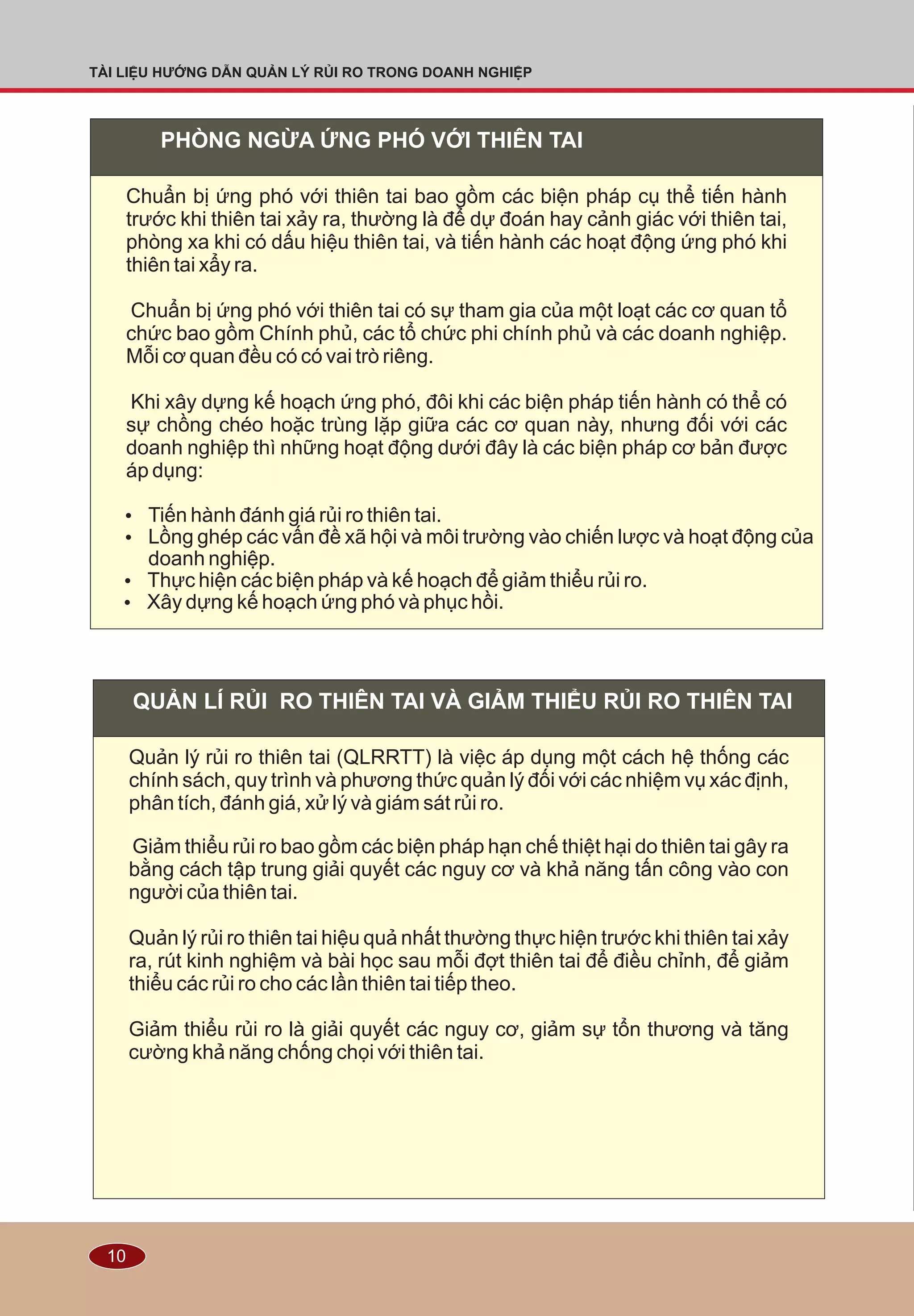 10
TÀI LIỆU HƯỚNG DẪN QUẢN LÝ RỦI RO TRONG DOANH NGHIỆP
PHÒNG NGỪA ỨNG PHÓ VỚI THIÊN TAI
Chuẩn bị ứng phó với thiên tai bao gồm các biện pháp cụ thể tiến hành
trước khi thiên tai xảy ra, thường là để dự đoán hay cảnh giác với thiên tai,
phòng xa khi có dấu hiệu thiên tai, và tiến hành các hoạt động ứng phó khi
thiên tai xẩy ra.
Chuẩn bị ứng phó với thiên tai có sự tham gia của một loạt các cơ quan tổ
chức bao gồm Chính phủ, các tổ chức phi chính phủ và các doanh nghiệp.
Mỗi cơ quan đều có có vai trò riêng.
Khi xây dựng kế hoạch ứng phó, đôi khi các biện pháp tiến hành có thể có
sự chồng chéo hoặc trùng lặp giữa các cơ quan này, nhưng đối với các
doanh nghiệp thì những hoạt động dưới đây là các biện pháp cơ bản được
áp dụng:
Ÿ Tiến hành đánh giá rủi ro thiên tai.
Ÿ Lồng ghép các vấn đề xã hội và môi trường vào chiến lược và hoạt động của
doanh nghiệp.
Ÿ Thực hiện các biện pháp và kế hoạch để giảm thiểu rủi ro.
Ÿ Xây dựng kế hoạch ứng phó và phục hồi.
QUẢN LÍ RỦI RO THIÊN TAI VÀ GIẢM THIỂU RỦI RO THIÊN TAI
Quản lý rủi ro thiên tai (QLRRTT) là việc áp dụng một cách hệ thống các
chính sách, quy trình và phương thức quản lý đối với các nhiệm vụ xác định,
phân tích, đánh giá, xử lý và giám sát rủi ro.
Giảm thiểu rủi ro bao gồm các biện pháp hạn chế thiệt hại do thiên tai gây ra
bằng cách tập trung giải quyết các nguy cơ và khả năng tấn công vào con
người của thiên tai.
Quản lý rủi ro thiên tai hiệu quả nhất thường thực hiện trước khi thiên tai xảy
ra, rút kinh nghiệm và bài học sau mỗi đợt thiên tai để điều chỉnh, để giảm
thiểu các rủi ro cho các lần thiên tai tiếp theo.
Giảm thiểu rủi ro là giải quyết các nguy cơ, giảm sự tổn thương và tăng
cường khả năng chống chọi với thiên tai.
 