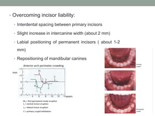 • Overcoming incisor liability:
• Interdental spacing between primary incisors
• Slight increase in intercanine width (about 2 mm)
• Labial positioning of permanent incisors ( about 1-2
mm)
• Repositioning of mandibular canines
 