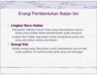 Energi Pembentukan Ikatan Ion
" " +
%
- . #"
#
+
 