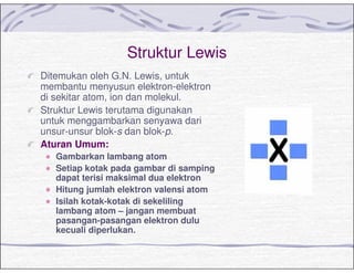 Struktur Lewis
Ditemukan oleh G.N. Lewis, untuk
membantu menyusun elektron-elektron
di sekitar atom, ion dan molekul.
Struktur Lewis terutama digunakan
untuk menggambarkan senyawa dari
unsur-unsur blok-s dan blok-p.
Aturan Umum:
Gambarkan lambang atom
Setiap kotak pada gambar di samping
dapat terisi maksimal dua elektron
Hitung jumlah elektron valensi atom
Isilah kotak-kotak di sekeliling
lambang atom – jangan membuat
pasangan-pasangan elektron dulu
kecuali diperlukan.
 