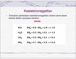 Keelektronegatifan
Tentukan perbedaan keelektronegatifan antara atom-atom
terikat dalam senyawa berikut.
Jawab:
 