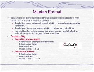 Muatan Formal
Tujuan: untuk menunjukkan distribusi kerapatan elektron rata-rata
dalam suatu molekul atau ion poliatom.
Tandai tiap atom setengah jumlah elektron yang digunakan untuk
berikatan.
Tandai pula tiap atom semua elektron bebas yang dimilikya.
Kurangi jumlah elektron pada tiap atom dengan jumlah elektron
valensi setiap atom tunggal dalam unsurnya.
Contoh: CO2
Untuk tiap atom oksigen:
4 elektron dari pasangan elektron bebas
2 elektron dari ikatan
Total: 6 elektron
Muatan formal: 6 - 6 = 0
Untuk atom karbon:
4 elektron dari ikatan
Total: 4 elektron
Muatan formal: 4 – 4 = 0
 