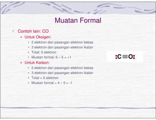 Muatan Formal
Contoh lain: CO
Untuk Oksigen:
2 elektron dari pasangan elektron bebas
3 elektron dari pasangan elektron ikatan
Total: 5 elektron
Muatan formal: 6 – 5 = +1
Untuk Karbon:
2 elektron dari pasangan elektron bebas
3 elektron dari pasangan elektron ikatan
Total = 5 elektron
Muatan formal = 4 – 5 = -1
 
