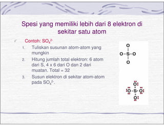 Spesi yang memiliki lebih dari 8 elektron di
sekitar satu atom
Contoh: SO4
2-
1. Tuliskan susunan atom-atom yang
mungkin
2. Hitung jumlah total elektron: 6 atom
dari S, 4 x 6 dari O dan 2 dari
muatan. Total = 32
3. Susun elektron di sekitar atom-atom
pada SO4
2-.
 
