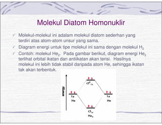 Molekul Diatom Homonuklir
Molekul-molekul ini adalam molekul diatom sederhan yang
terdiri atas atom-atom unsur yang sama.
Diagram energi untuk tipe molekul ini sama dengan molekul H2
Contoh: molekul He2. Pada gambar berikut, diagram energi He2
terlihat orbital ikatan dan antiikatan akan terisi. Hasilnya
molekul ini lebih tidak stabil daripada atom He, sehingga ikatan
tak akan terbentuk.
 