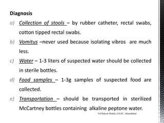 Diagnosis
a) Collection of stools – by rubber catheter, rectal swabs,
cotton tipped rectal swabs.
b) Vomitus –never used because isolating vibros are much
less.
c) Water – 1-3 liters of suspected water should be collected
in sterile bottles.
d) Food samples – 1-3g samples of suspected food are
collected.
e) Transportation – should be transported in sterilized
McCartney bottles containing alkaline peptone water.
Vd Rakesh Shukla, GAAC, Ahmedabad
 