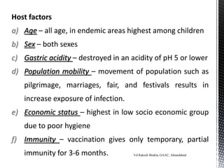 Host factors
a) Age – all age, in endemic areas highest among children
b) Sex – both sexes
c) Gastric acidity – destroyed in an acidity of pH 5 or lower
d) Population mobility – movement of population such as
pilgrimage, marriages, fair, and festivals results in
increase exposure of infection.
e) Economic status – highest in low socio economic group
due to poor hygiene
f) Immunity – vaccination gives only temporary, partial
immunity for 3-6 months. Vd Rakesh Shukla, GAAC, Ahmedabad
 