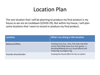 Location Plan
The one location that I will be planning to produce my final product is my
house as we are on Lockdown (COVID-19). But within my house, I will plan
some locations that I want to record or produce my final product.
Location What I am doing in this location
Bedroom/Office Creating music (e.g. Intro, End, Subs and other
music), Recording voices (e.g. host, guests...),
Recoding/Making ads (e.g. sound effects) and
Producing my progress log.
Outside drive/Garden Creating the Sound effect for the car advert.
 
