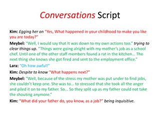 Conversations Script
Kim: Egging her on “Yes, What happened in your childhood to make you like
you are today?”
Meybel: “Well, I would say that It was down to my own actions too.” trying to
clear things up. “Things were going alright with my mother’s job as a school
chef. Until one of the other staff members found a rat in the kitchen... The
next thing she knows she got fired and sent to the employment office.”
Lara: “Oh how awful!”
Kim: Despite to know “What happens next?”
Meybel: “Well, because of the stress my mother was put under to find jobs,
she couldn’t keep one. She was to... to stressed that she took all the anger
and piled it on to my father. So... So they split up as my father could not take
the shouting anymore.”
Kim: “What did your father do, you know, as a job?” being inquisitive.
 