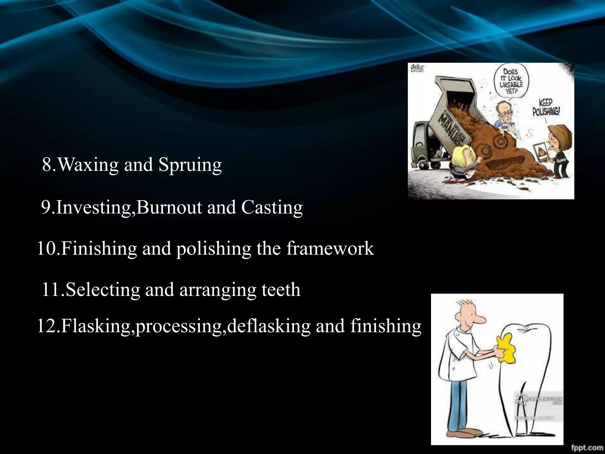 8.Waxing and Spruing
9.Investing,Burnout and Casting
10.Finishing and polishing the framework
11.Selecting and arranging teeth
12.Flasking,processing,deflasking and finishing
 