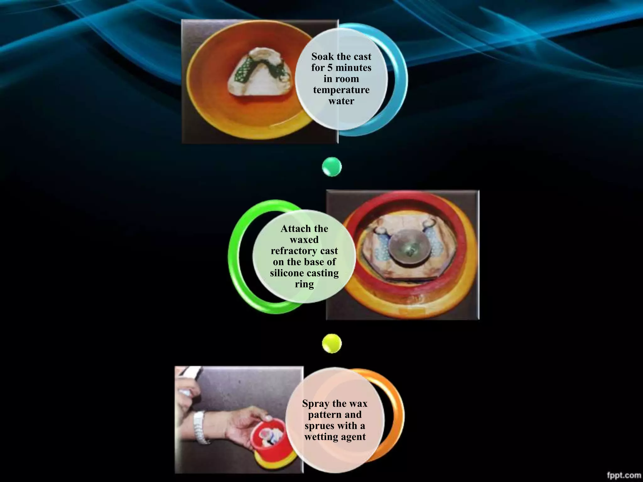 Soak the cast
for 5 minutes
in room
temperature
water
Attach the
waxed
refractory cast
on the base of
silicone casting
ring
Spray the wax
pattern and
sprues with a
wetting agent
 