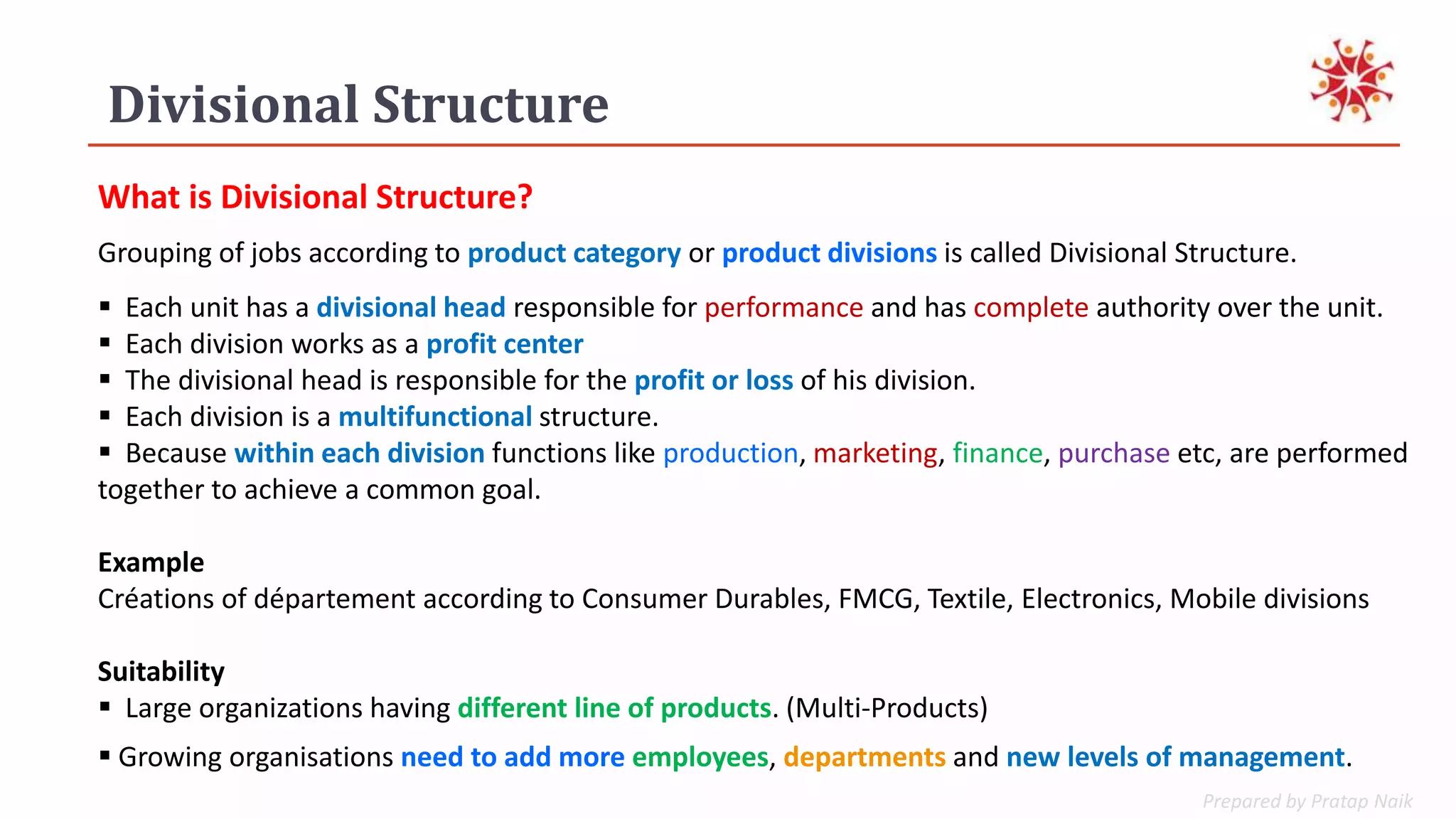 Prepared by Pratap Naik
Divisional Structure
What is Divisional Structure?
Grouping of jobs according to product category or product divisions is called Divisional Structure.
 Each unit has a divisional head responsible for performance and has complete authority over the unit.
 Each division works as a profit center
 The divisional head is responsible for the profit or loss of his division.
 Each division is a multifunctional structure.
 Because within each division functions like production, marketing, finance, purchase etc, are performed
together to achieve a common goal.
Example
Créations of département according to Consumer Durables, FMCG, Textile, Electronics, Mobile divisions
Suitability
 Large organizations having different line of products. (Multi-Products)
 Growing organisations need to add more employees, departments and new levels of management.
 