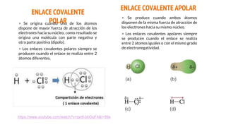 ENLACE COVALENTE
POLAR
ENLACE COVALENTE APOLAR
> Se origina cuando uno de los átomos
dispone de mayor fuerza de atracción de los
electrones hacia su núcleo, como resultado se
origina una molécula con parte negativa y
otra parte positiva (dipolo).
> Los enlaces covalentes polares siempre se
producen cuando el enlace se realiza entre 2
átomos diferentes.
> Se produce cuando ambos átomos
disponen de la misma fuerza de atracción de
los electrones hacia su mismo núcleo.
> Los enlaces covalentes apolares siempre
se producen cuando el enlace se realiza
entre 2 átomos iguales o con el mismo grado
de electronegatividad.
https://www.youtube.com/watch?v=ign6-bbOqF4&t=99s
 