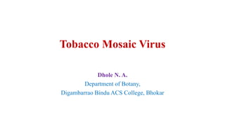 Tobacco Mosaic Virus
Dhole N. A.
Department of Botany,
Digambarrao Bindu ACS College, Bhokar
 