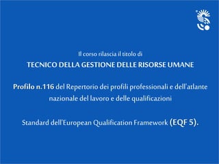 Il corso rilasciail titolo di
TECNICO DELLA GESTIONEDELLERISORSEUMANE
Profilo n.116 delRepertorio dei profiliprofessionali e dell'atlante
nazionaledel lavoro e delle qualificazioni
Standard dell'European QualificationFramework (EQF 5).
 